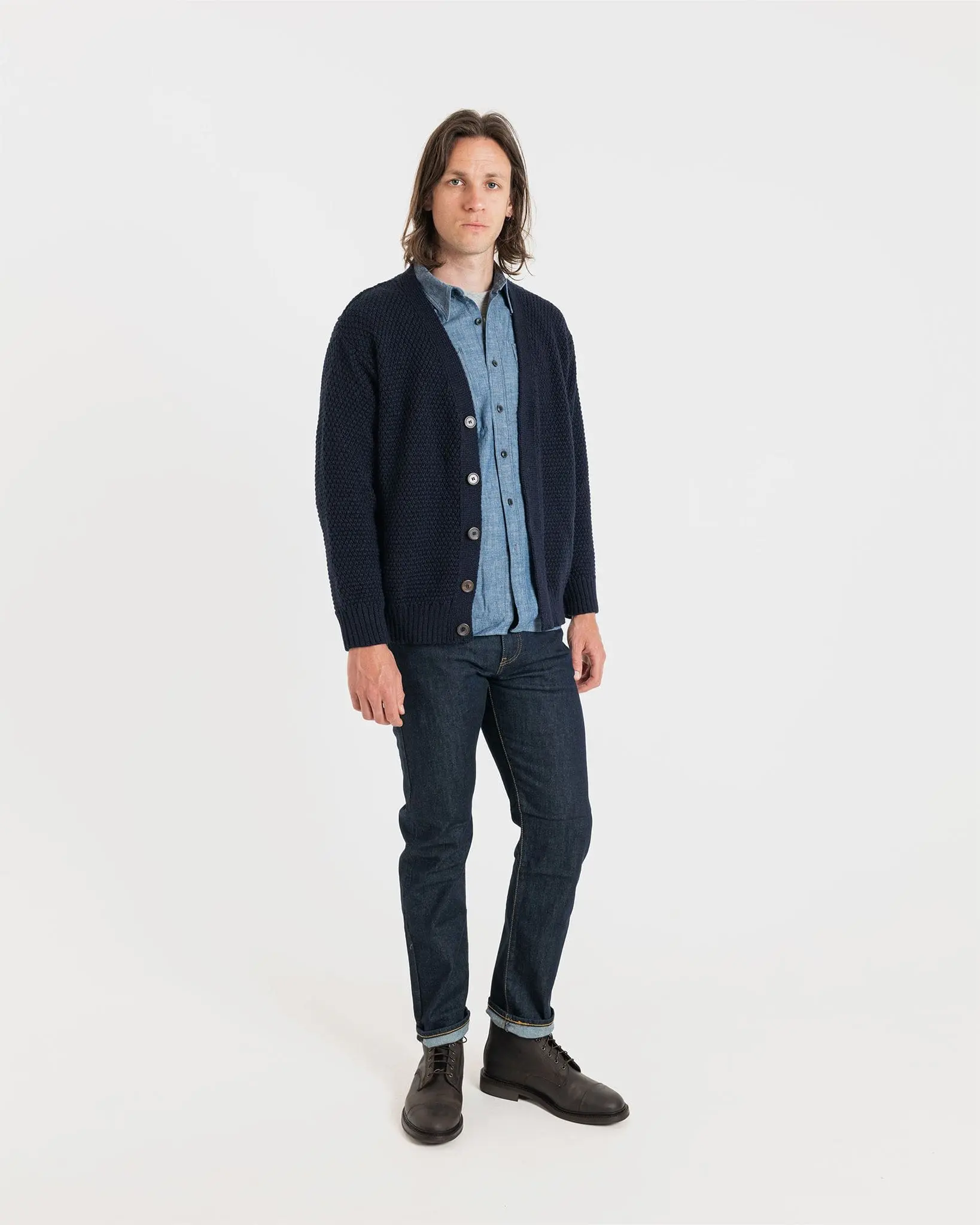 Men's Moss Stitch Cardigan Navy - Image 3
