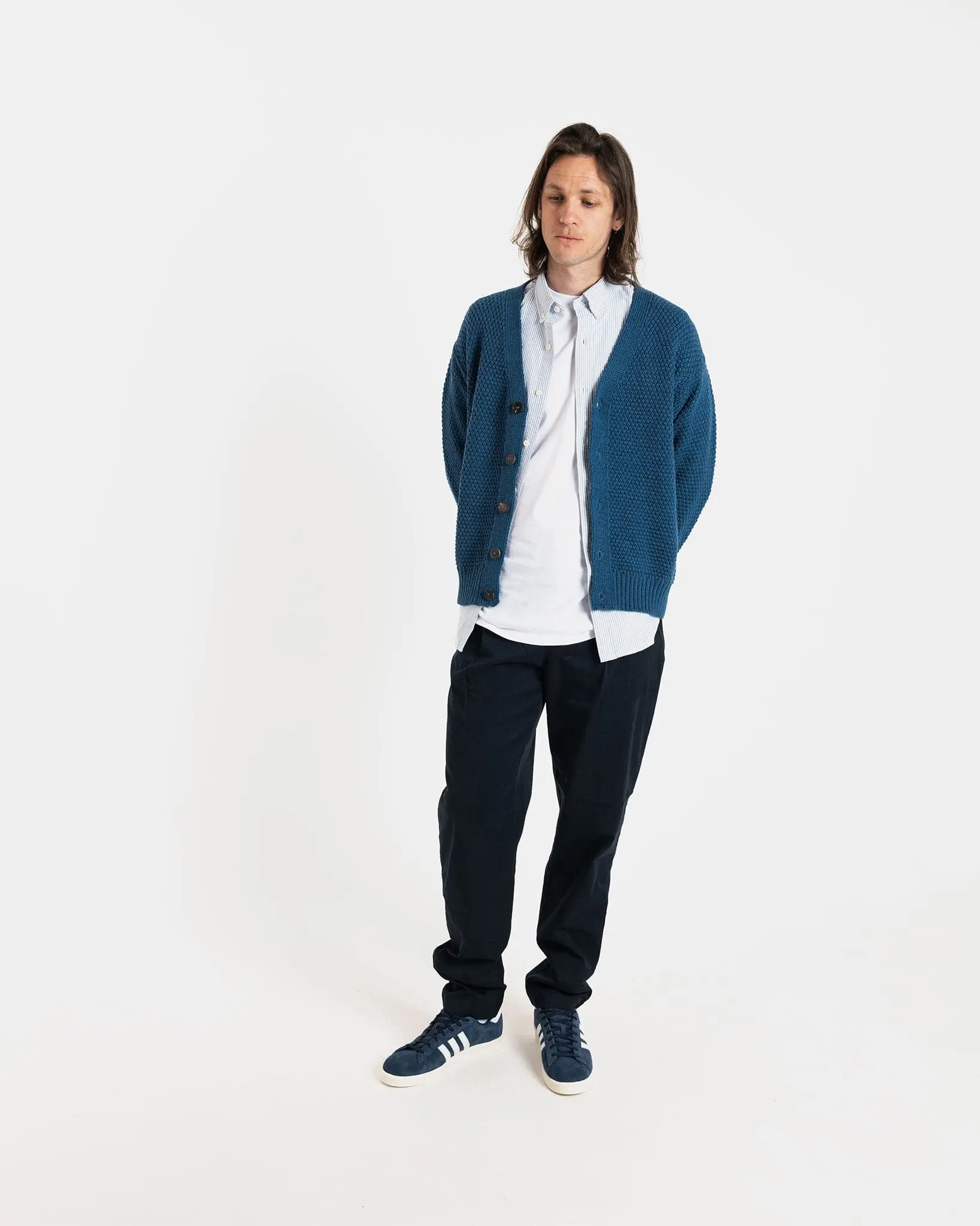 Men's Moss Stitch Cardigan Petrol Blue - Image 3
