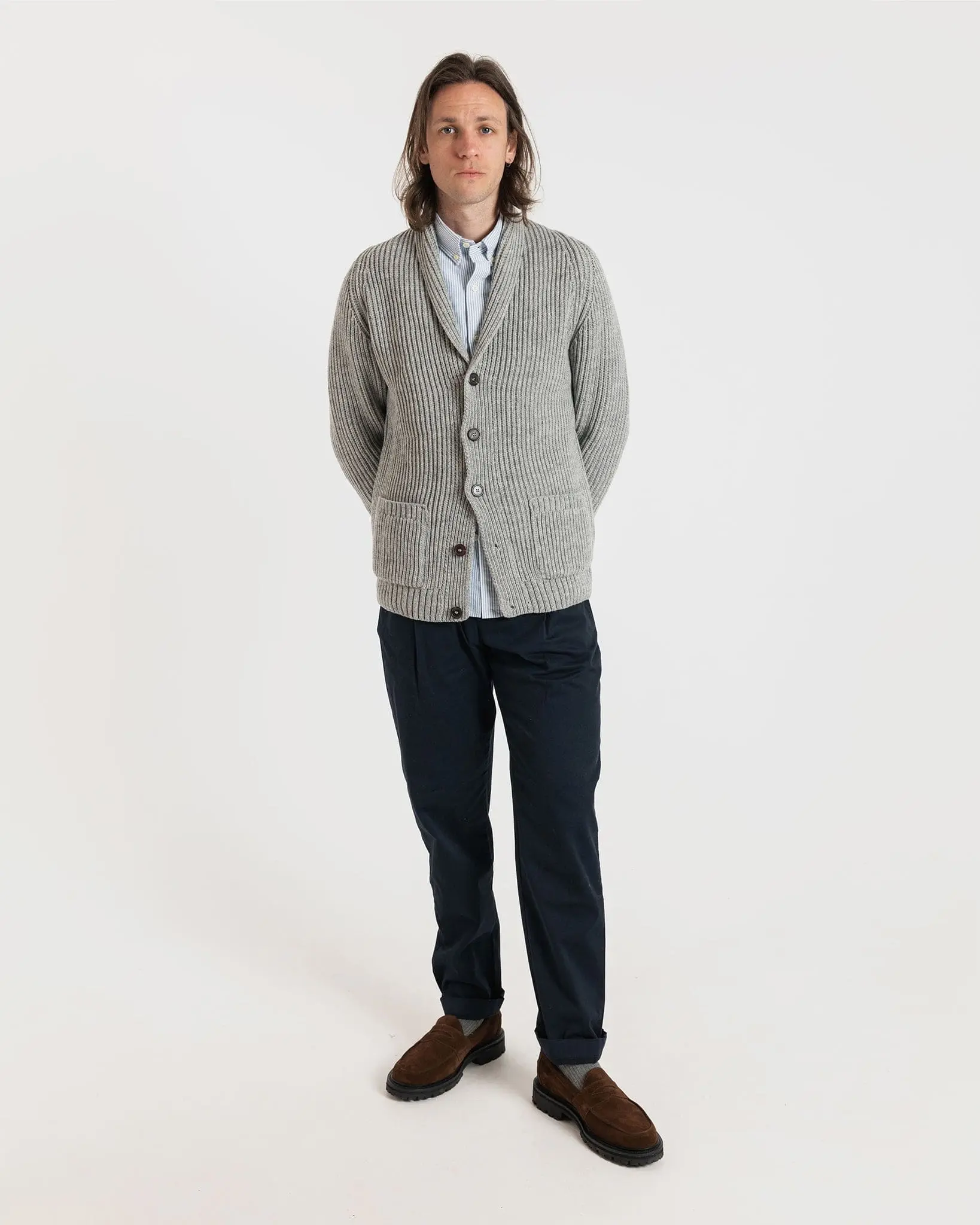 Men's Shawl Collar Cardigan Light Grey - Image 3