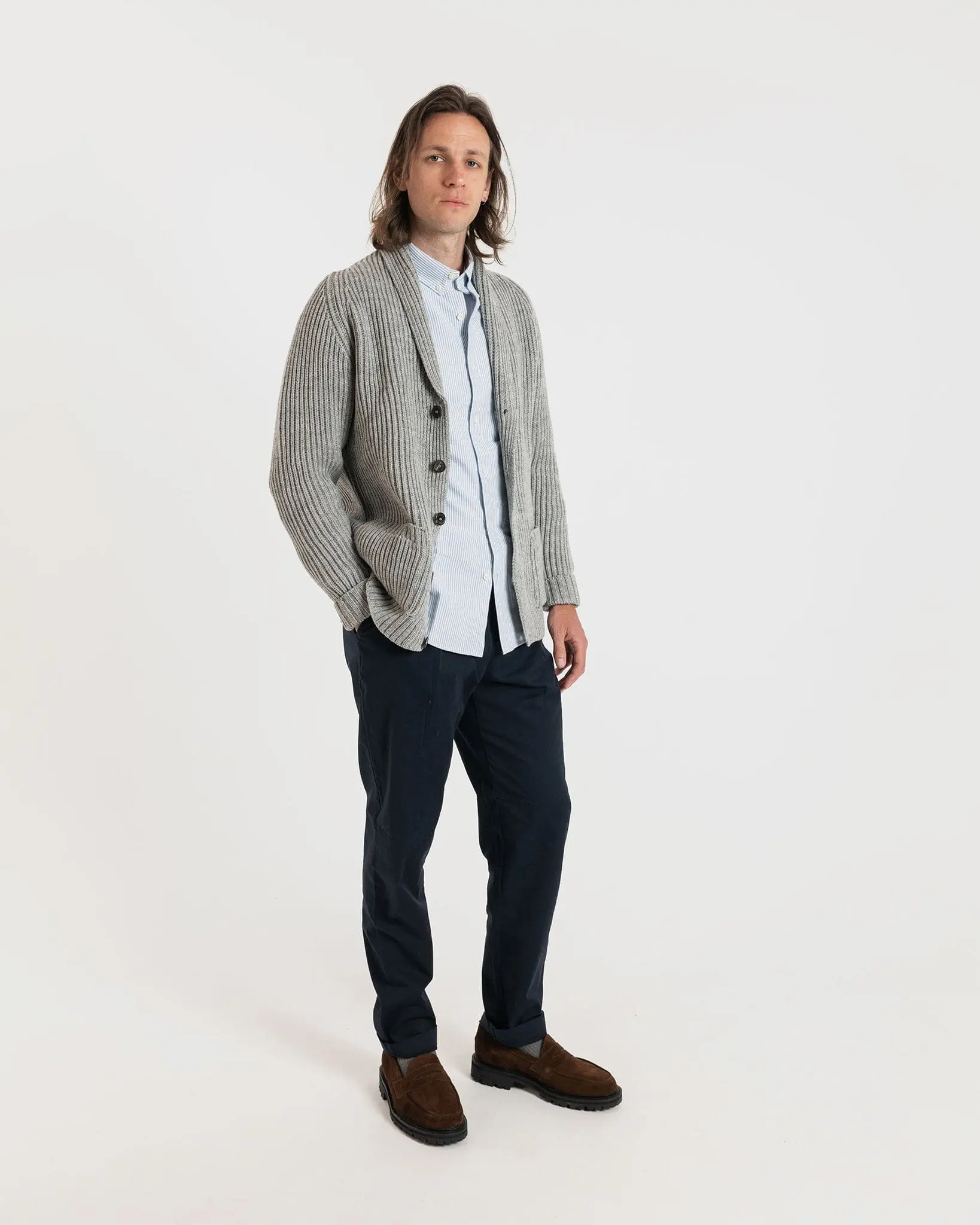Men's Shawl Collar Cardigan Light Grey - Image 4