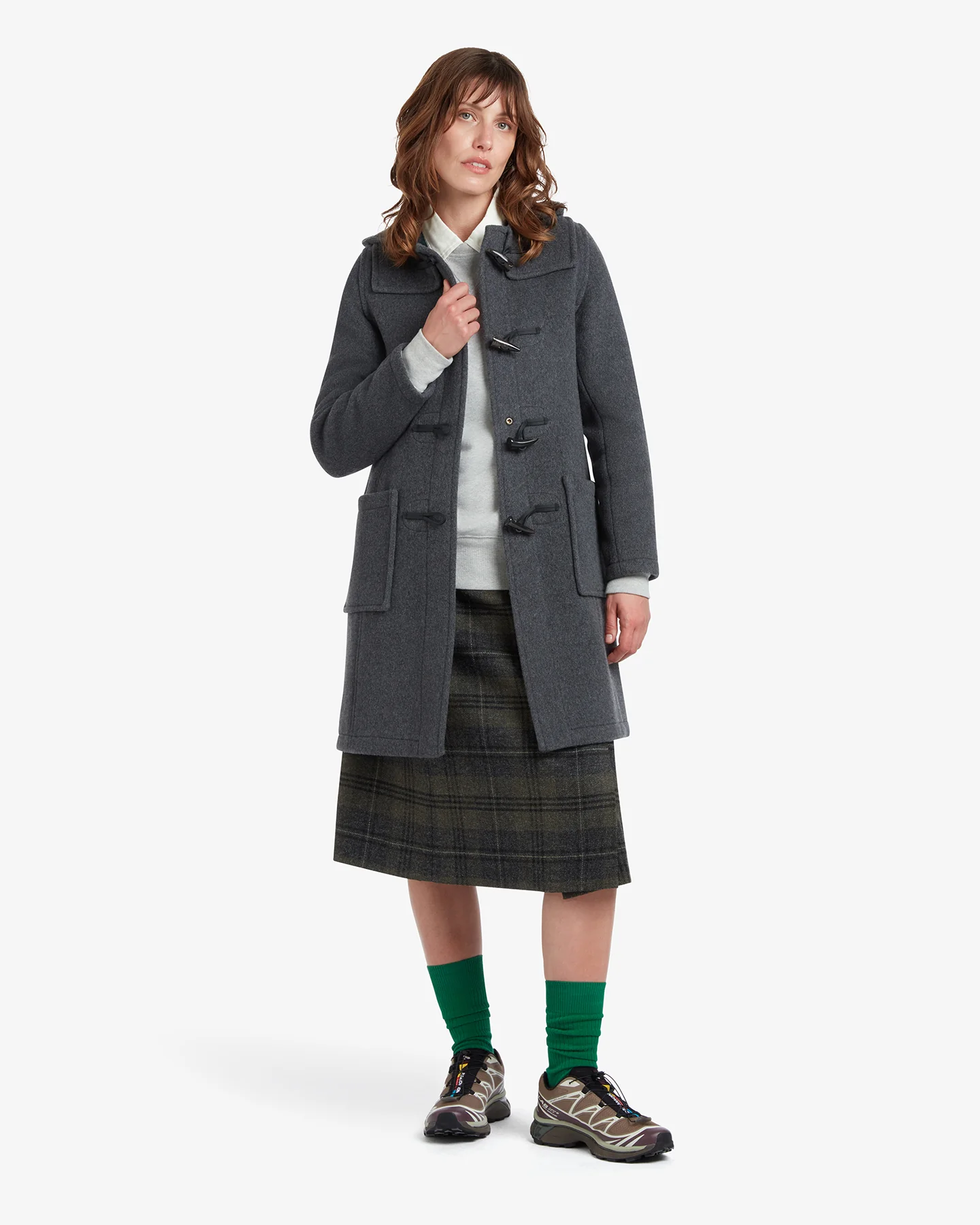 Women's Freda Long Slim Fit Duffle Coat Grey Black Watch - Image 2